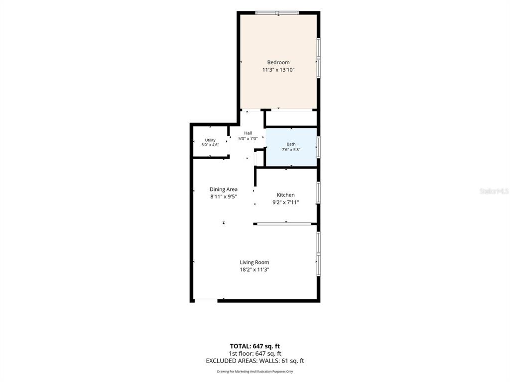 This is a floor plan for a one-bedroom apartment with a living room and kitchen — 6360 1ST STREET N UNIT 103, ST PETERSBURG, FL