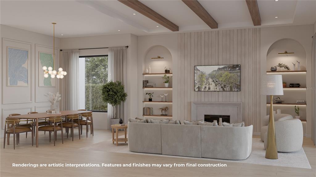 This rendering shows an open-concept living and dining room with a fireplace and arched shelving — 1754 TAYLOR AVENUE, WINTER PARK, FL