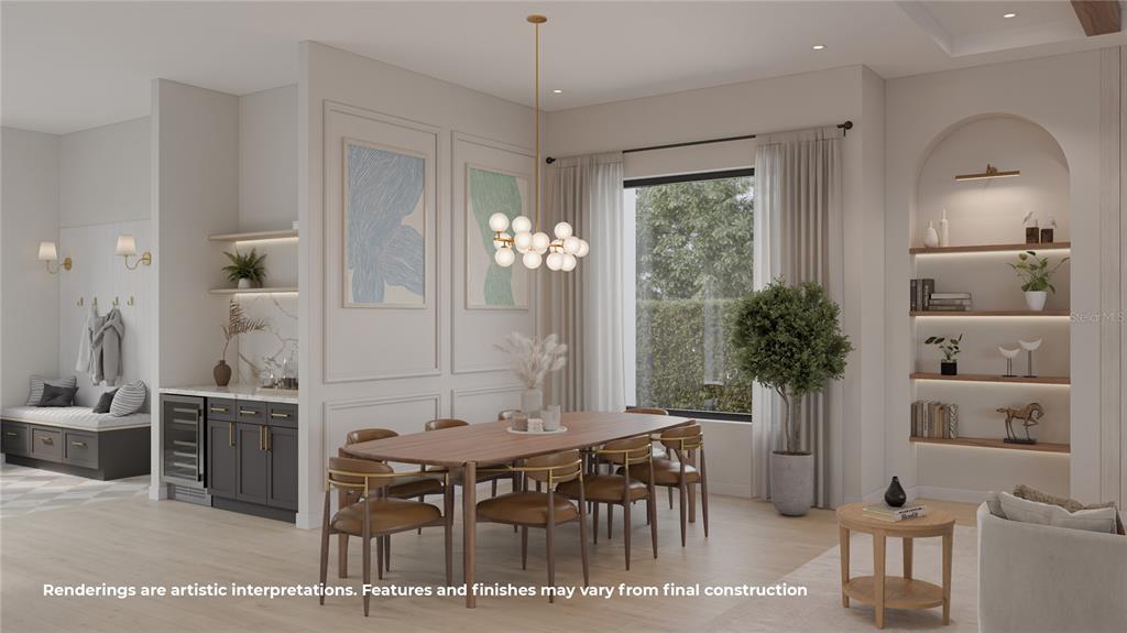 This rendering shows a dining room with a wooden table, modern chandelier, and built-in shelving — 1754 TAYLOR AVENUE, WINTER PARK, FL