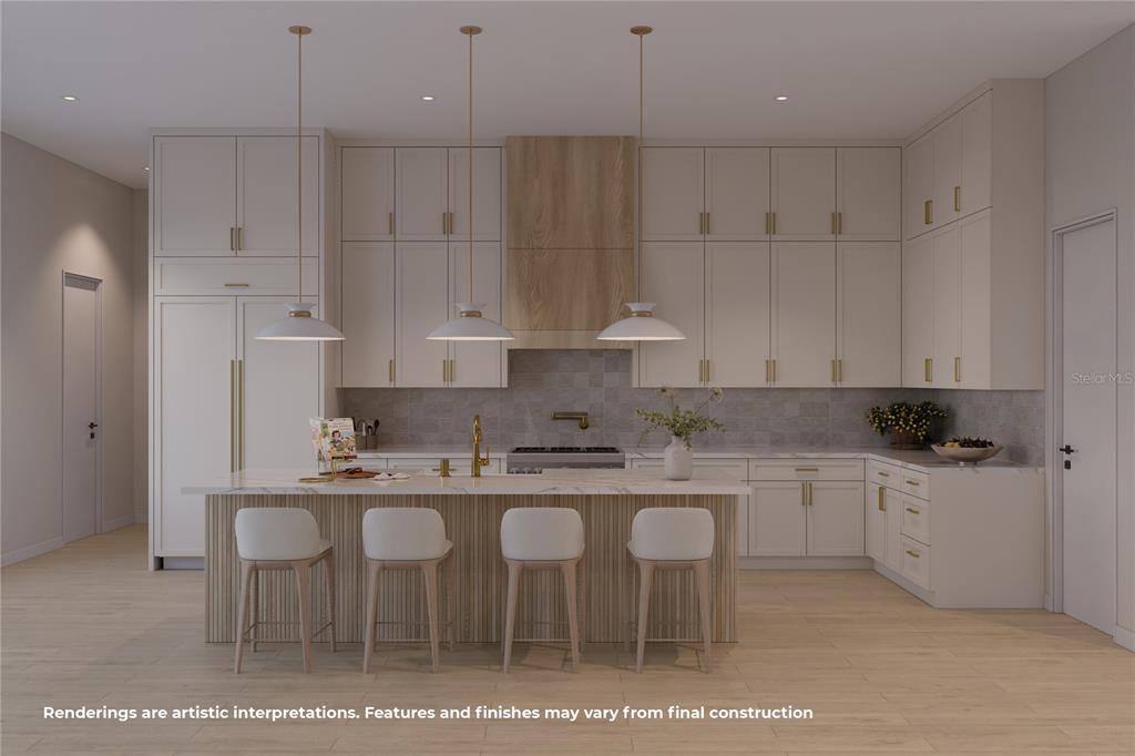 A rendering of a modern kitchen featuring light cabinetry, a wood-paneled island, and pendant lighting — 1754 TAYLOR AVENUE, WINTER PARK, FL