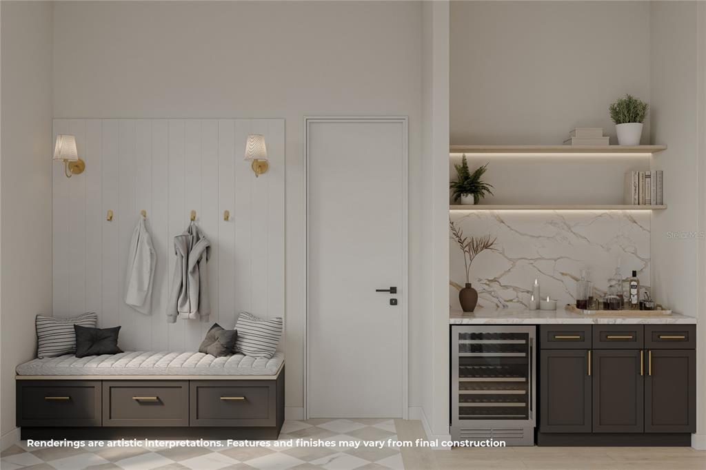This rendering shows a mudroom with a built-in bench, coat hooks, and a wet bar — 1754 TAYLOR AVENUE, WINTER PARK, FL