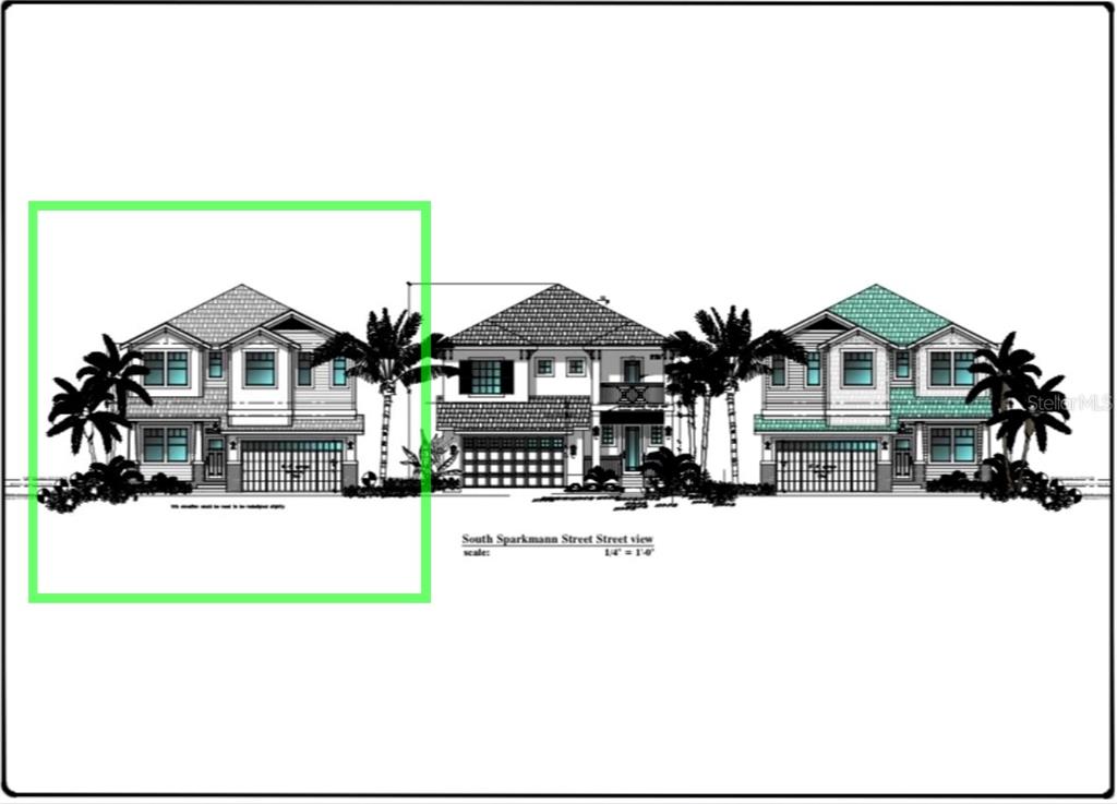 An architectural rendering shows the exterior street view of three adjacent two-story residential homes — 6909 S SPARKMAN STREET, TAMPA, FL