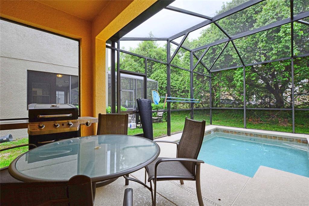 A screened-in patio features a small pool, a glass dining table, and a gas grill — 8945 CUBAN PALM ROAD, KISSIMMEE, FL