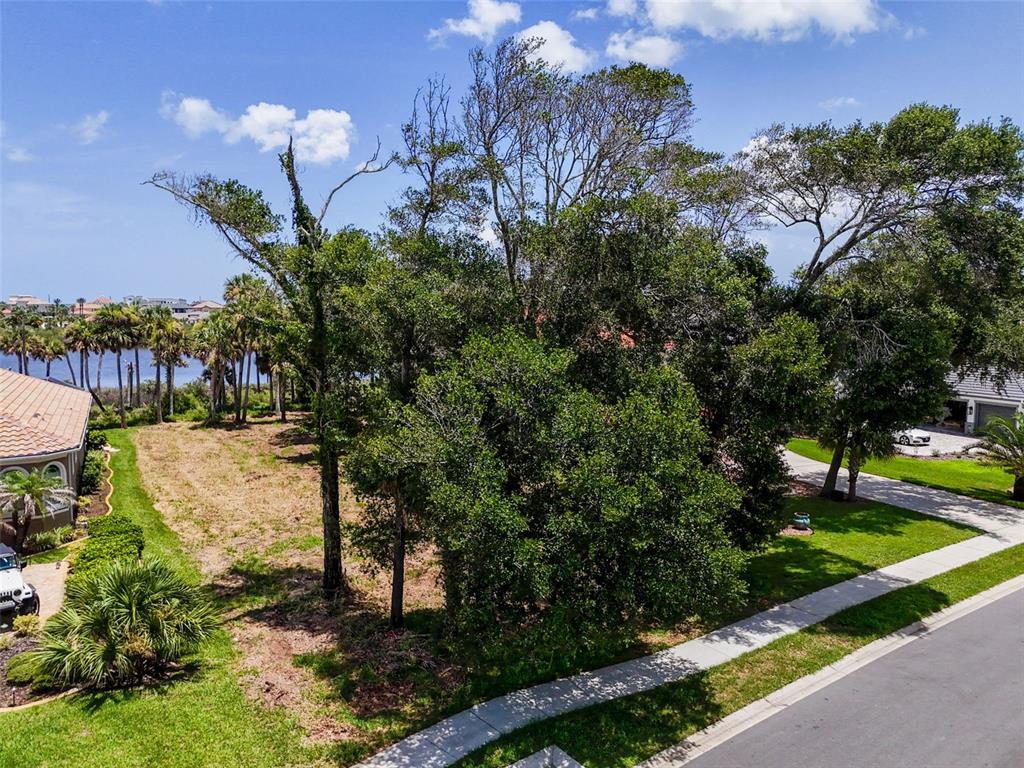 An aerial view shows two wooden docks extending into a calm waterway near coastal homes — 81 S RIVERWALK DRIVE, PALM COAST, FL