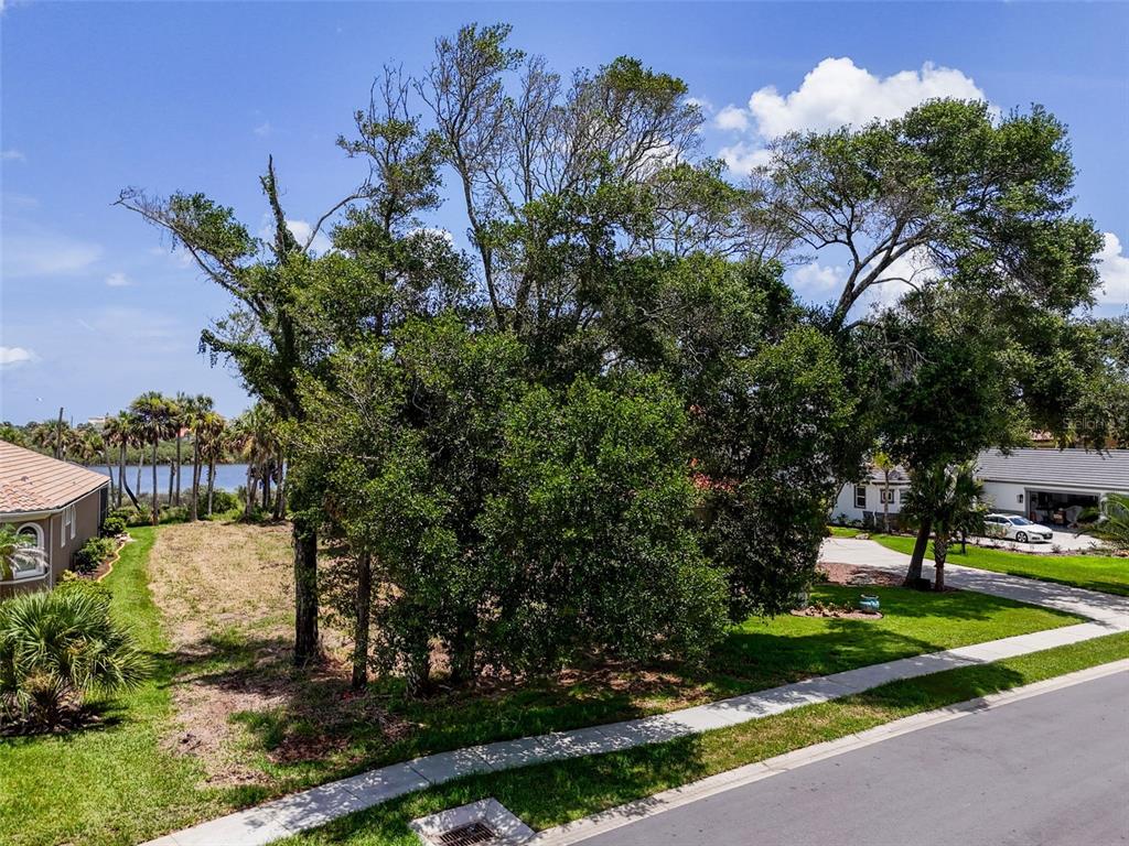 An aerial view shows a vacant waterfront lot marked by a yellow arrow — 81 S RIVERWALK DRIVE, PALM COAST, FL