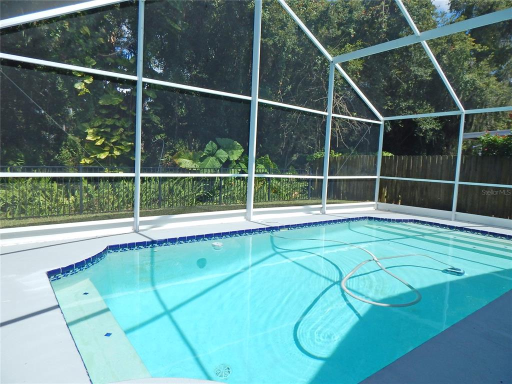 A swimming pool is enclosed by a screened lanai with a wooden fence in the background — 5827 MEADOWPARK PLACE, LITHIA, FL