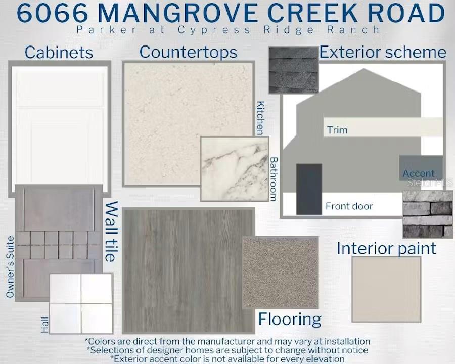 This design board displays interior and exterior finish selections for a residential property — 6066 MANGROVE CREEK ROAD, WIMAUMA, FL