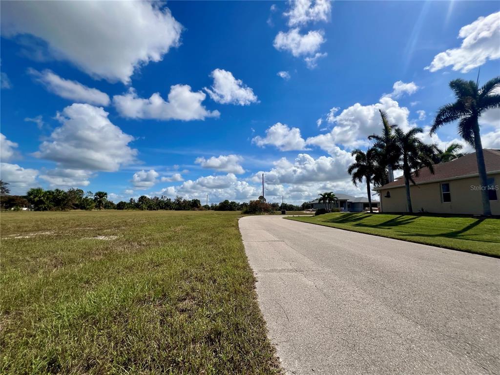 A paved road runs alongside a large, grassy vacant lot with palm trees and blue skies — 4109 NW 36TH TERRACE, CAPE CORAL, FL