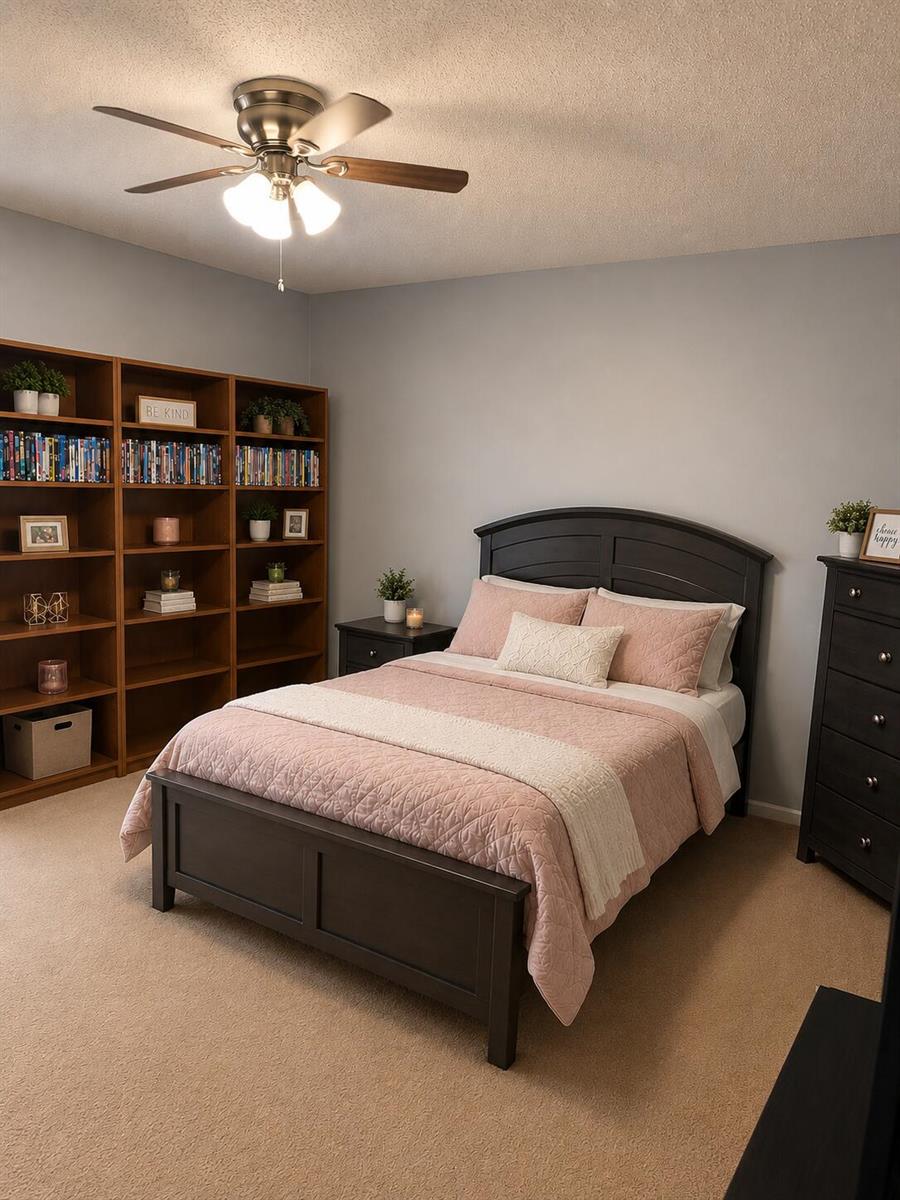 A bedroom features a dark wood bed frame, matching dresser, and a large wooden bookshelf — 2013 Lincoln A, Boca Raton FL 33434, BOCA RATON, FL