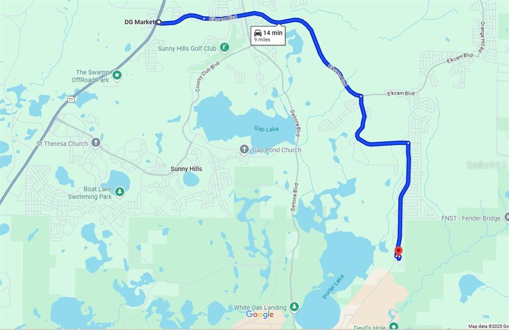 This is a map showing a driving route between a DG Market and a destination — Lot 2 Unit 11 Blk 752 KAPOK AVENUE, CHIPLEY, FL