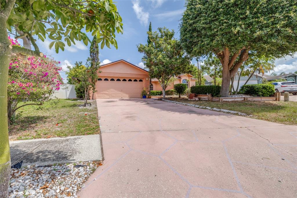 A single-story house with a peach-colored exterior, a two-car garage, and a paved driveway — 2538 COUNTRYSIDE PINES DRIVE, CLEARWATER, FL