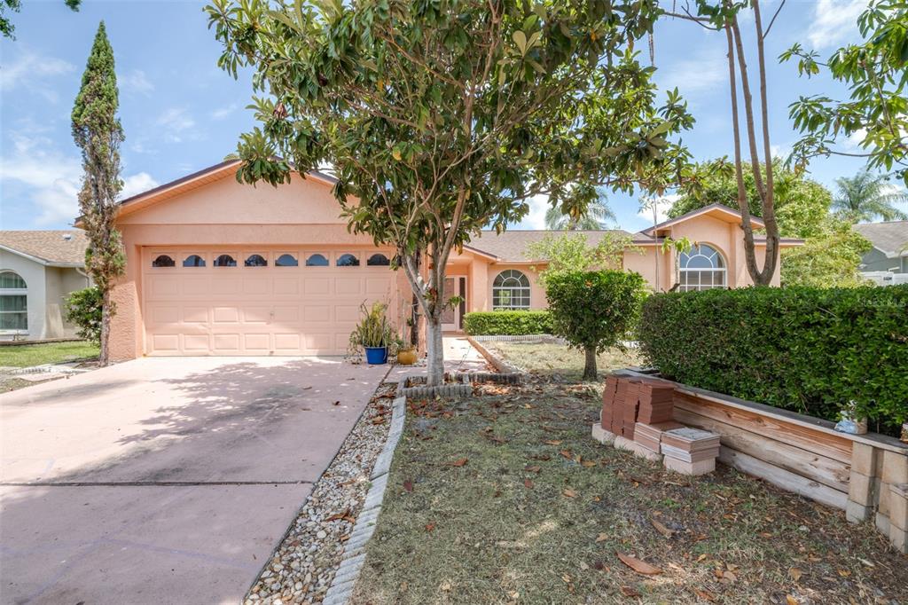 A peach-colored single-story house with a two-car garage, a paved driveway, and mature landscaping — 2538 COUNTRYSIDE PINES DRIVE, CLEARWATER, FL