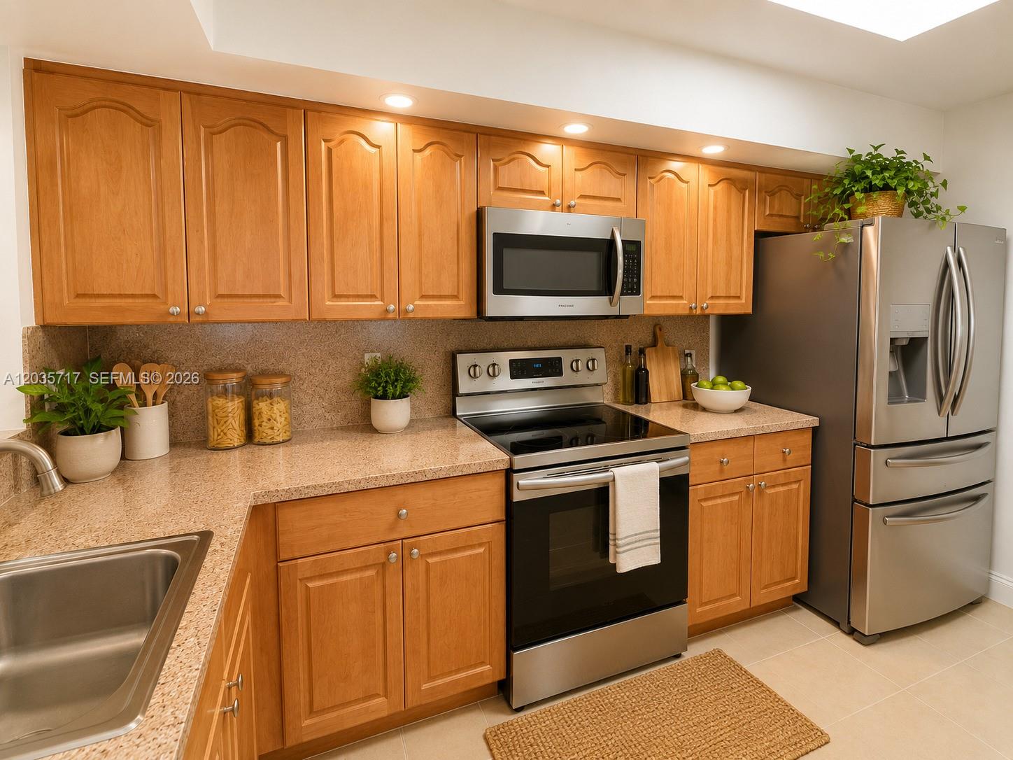 A kitchen features wood cabinets, granite countertops, and stainless steel appliances — 18840 NW 57th Ave # 302, Hialeah FL 33015, HIALEAH, FL