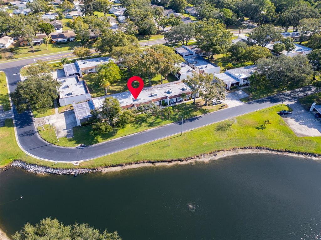 An aerial view shows a single-story residential building with a red location pin — 3109 MISSION GROVE DRIVE UNIT D, PALM HARBOR, FL