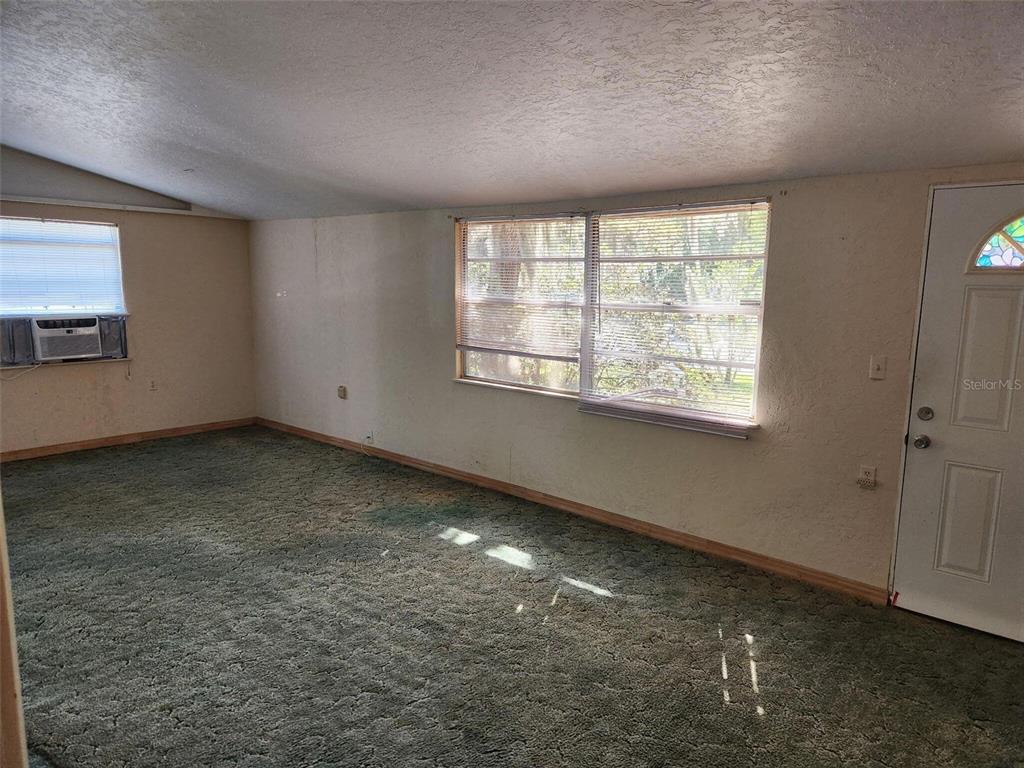 An empty room features green wall-to-wall carpeting, textured walls, and a white entry door — 2319 S SUMMERLIN AVENUE, SANFORD, FL