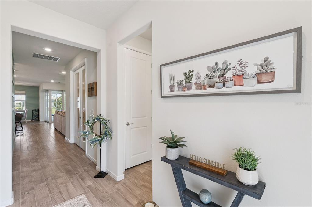 A hallway features wood-look tile flooring, a console table, and a framed succulent wall print — 13940 DESTIN BEACH LANE, ORLANDO, FL