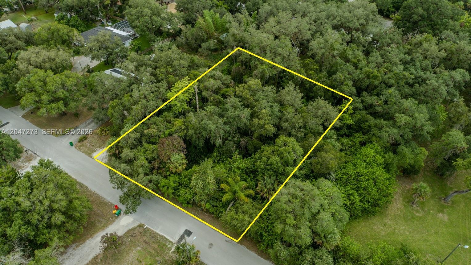 An aerial view shows a rectangular, tree-covered vacant lot outlined in yellow along a road — 543 E Hickpochee Ave, La Belle FL 33935, LA BELLE, FL
