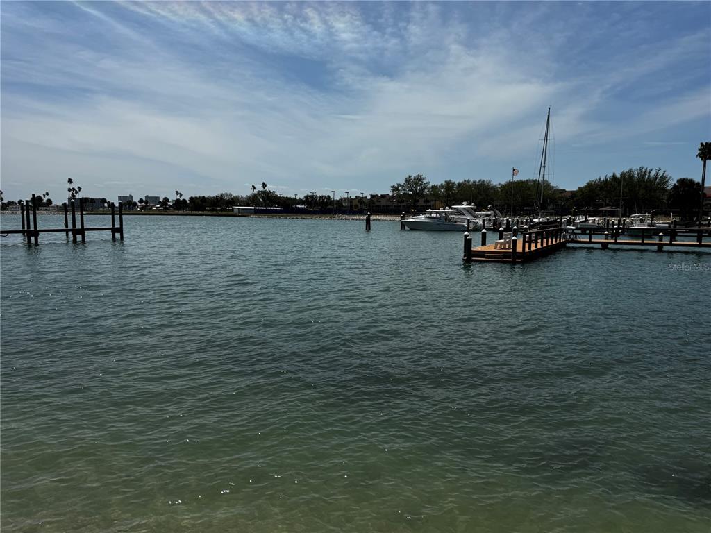 A grassy courtyard features a fenced swimming pool surrounded by palm trees and apartment buildings — 10365 PARADISE BOULEVARD UNIT 9, TREASURE ISLAND, FL