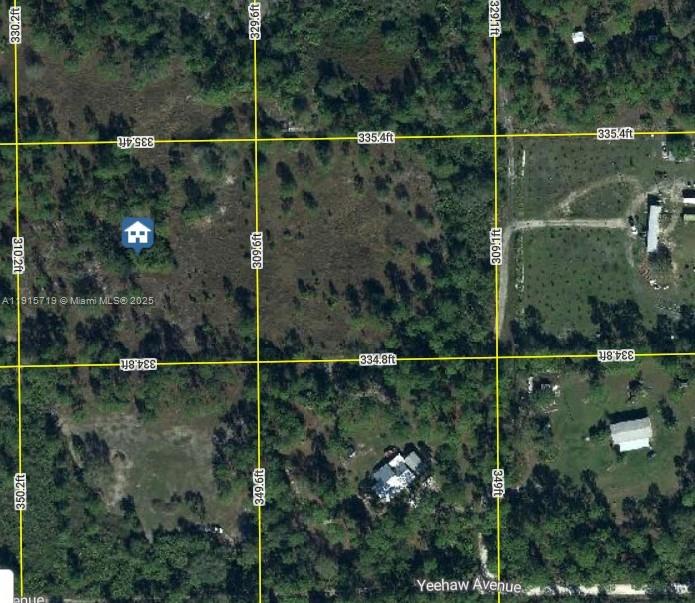 This is an aerial map showing a vacant, wooded lot with property boundary dimensions — 5370 Pioneer 19th ST, Clewiston FL 33440, CLEWISTON, FL