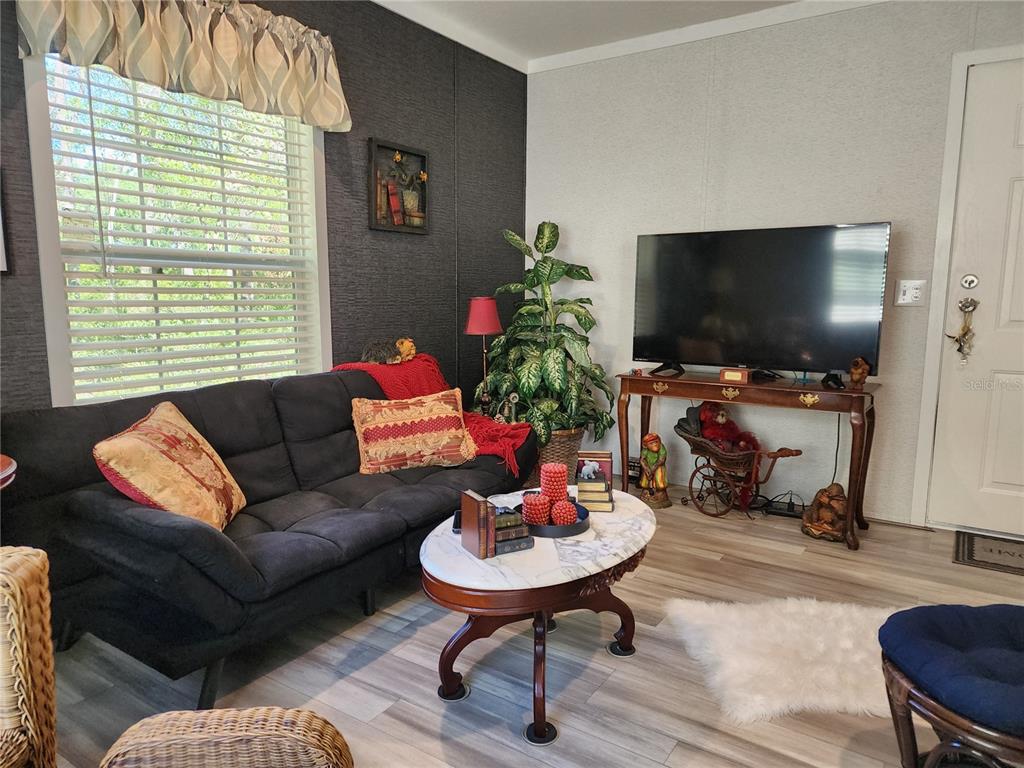 A living room features a black sofa, a marble-topped coffee table, and a television on console — 4150 S SPANIEL TRAIL, INVERNESS, FL