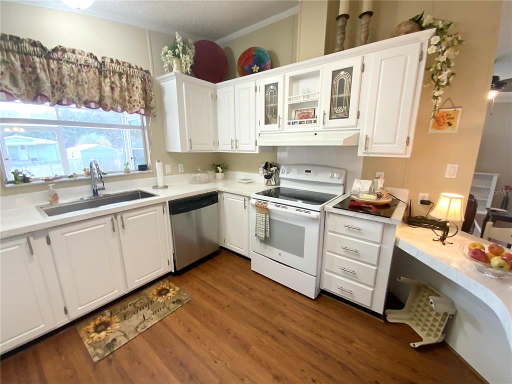 A kitchen features white cabinets, stainless steel appliances, a window above the sink, and wood-look flooring — 4842 SE 130TH PLACE, BELLEVIEW, FL