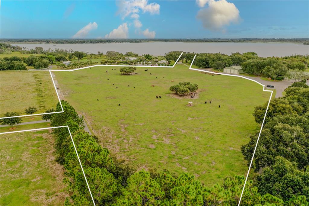 An aerial view shows a large, fenced grassy pasture with scattered trees and a lake — 8010 LAKE LOWERY ROAD, HAINES CITY, FL