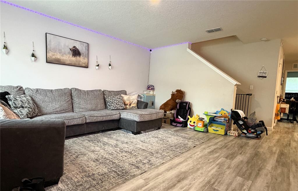 A living room features a gray sectional sofa, a patterned area rug, and wood-look flooring — 8139 VINING STREET, JACKSONVILLE, FL