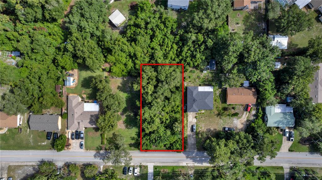 An aerial view shows a rectangular, tree-covered vacant lot outlined in red between two houses — 132 COLOMBA ROAD, DEBARY, FL