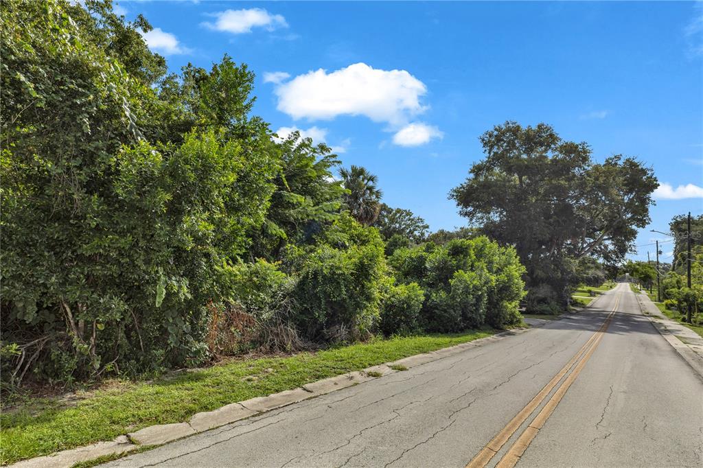 A paved road runs alongside a densely wooded, undeveloped lot under a blue sky — 132 COLOMBA ROAD, DEBARY, FL