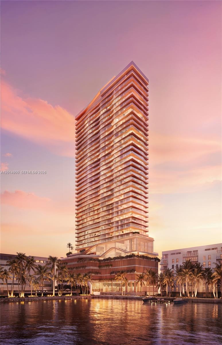 This is a digital architectural rendering of a modern high-rise residential building at sunset — 456 NE 29th St # 2403, Miami FL 33137, MIAMI, FL