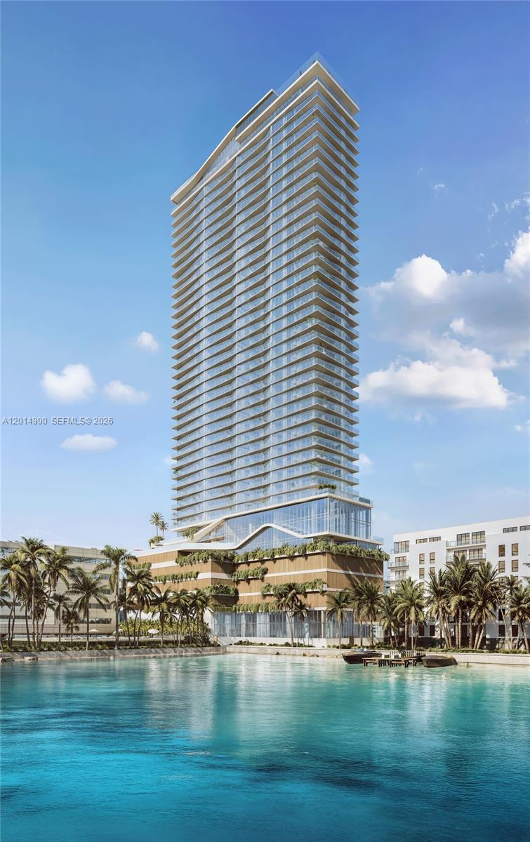 This is a rendering of a modern high-rise residential tower overlooking a body of water — 456 NE 29th St # 2403, Miami FL 33137, MIAMI, FL