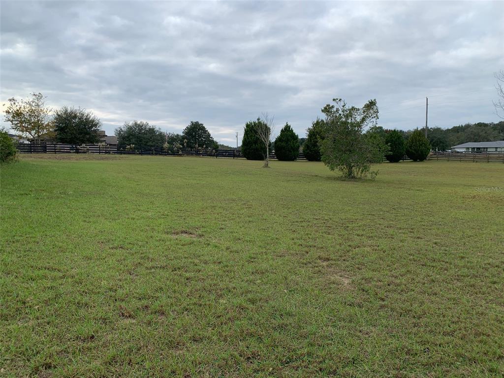 A large grassy field leads to a house and detached garage under a cloudy sky — 8424 E ZEPHYR WING COURT, FLORAL CITY, FL