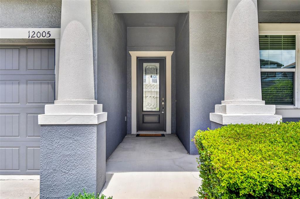 A front entrance features a gray door with a glass insert, columns, and a garage — 12005 RAMBLING STREAM DRIVE, RIVERVIEW, FL