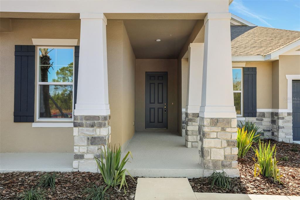 A front porch with stone-based pillars leads to a dark door with rectangular glass panels — 17374 CRISP APPLE LANE, LAND O LAKES, FL