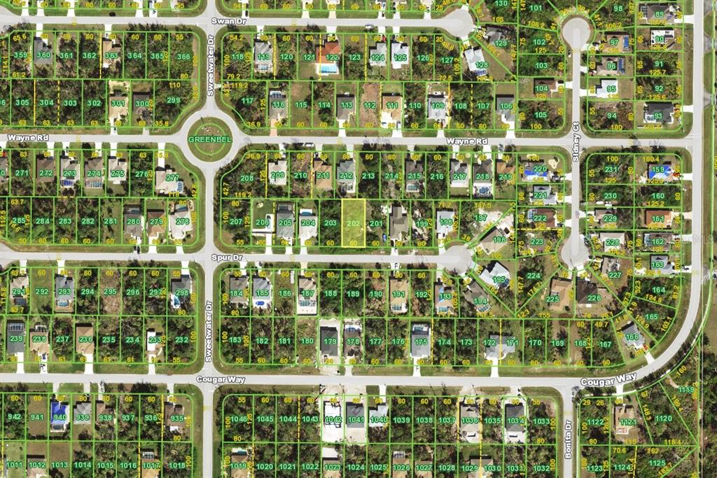 This is a map showing a residential neighborhood with numerous individual property lots — 132 SPUR DRIVE, ROTONDA WEST, FL