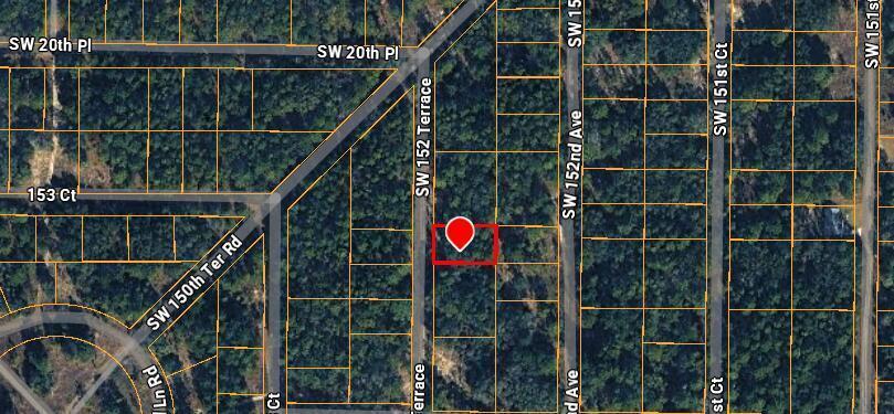 This is a satellite map view showing a rectangular plot of land highlighted in red — 0 SW 152 Terrace, Ocala FL 34481, OCALA, FL