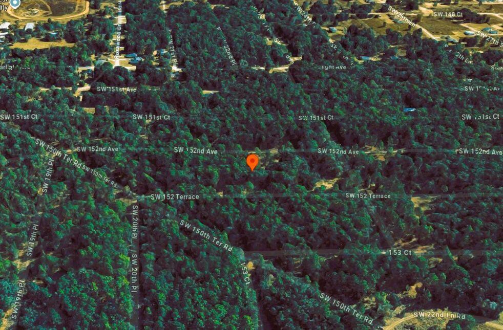 This is an aerial map view of a heavily wooded residential area — 0 SW 152 Terrace, Ocala FL 34481, OCALA, FL