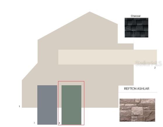This is a digital rendering of a home exterior with material and color samples — 2759 ARBOR DUNE AVENUE, APOPKA, FL
