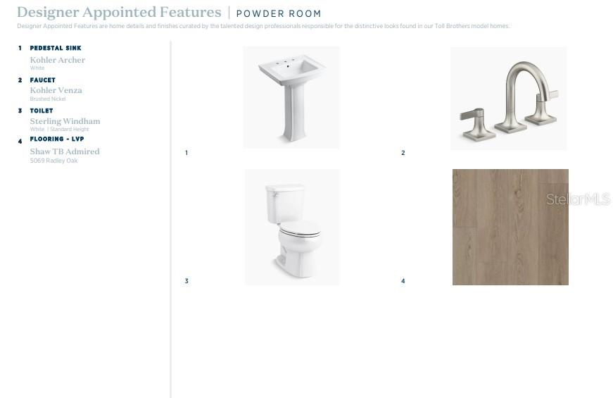 This image displays a design board for a powder room featuring a pedestal sink, faucet, toilet, and flooring — 2759 ARBOR DUNE AVENUE, APOPKA, FL
