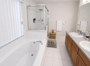 A bathroom featuring a soaking tub, a glass-enclosed shower, and a double-sink wooden vanity — 176 HARPERSFIELD STREET, DAVENPORT, FL