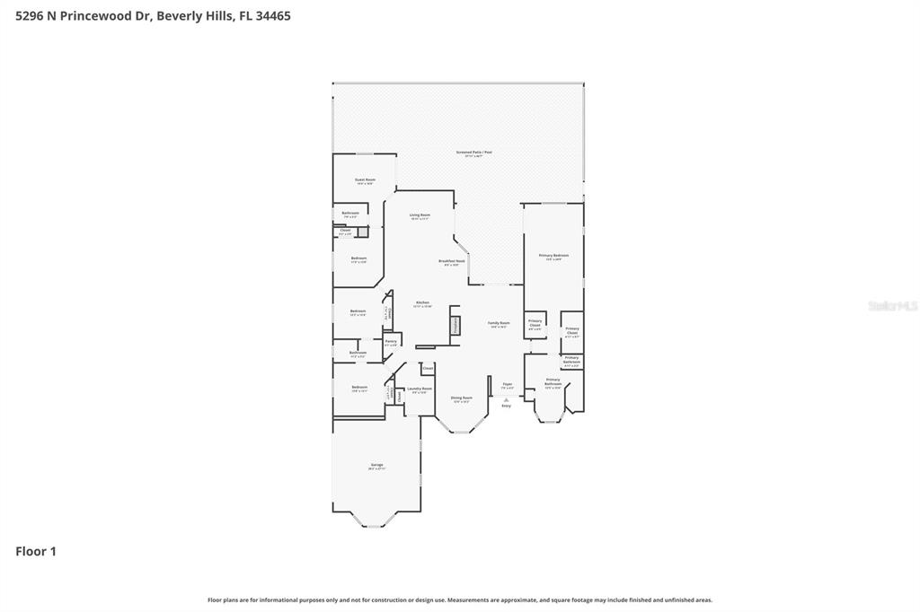 This is a floor plan for a single-story house with a garage and screened patio — 5296 N PRINCEWOOD DRIVE, BEVERLY HILLS, FL