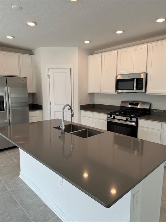 A kitchen features white cabinets, a gray island with a sink, and stainless steel appliances — 26277 FEATHERGRASS CIRCLE, LEESBURG, FL