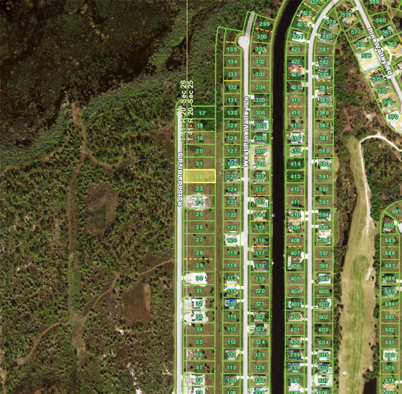 This is an aerial map showing residential lots along West Pine Valley Lane — 189 ROTONDA BOULEVARD S, ROTONDA WEST, FL
