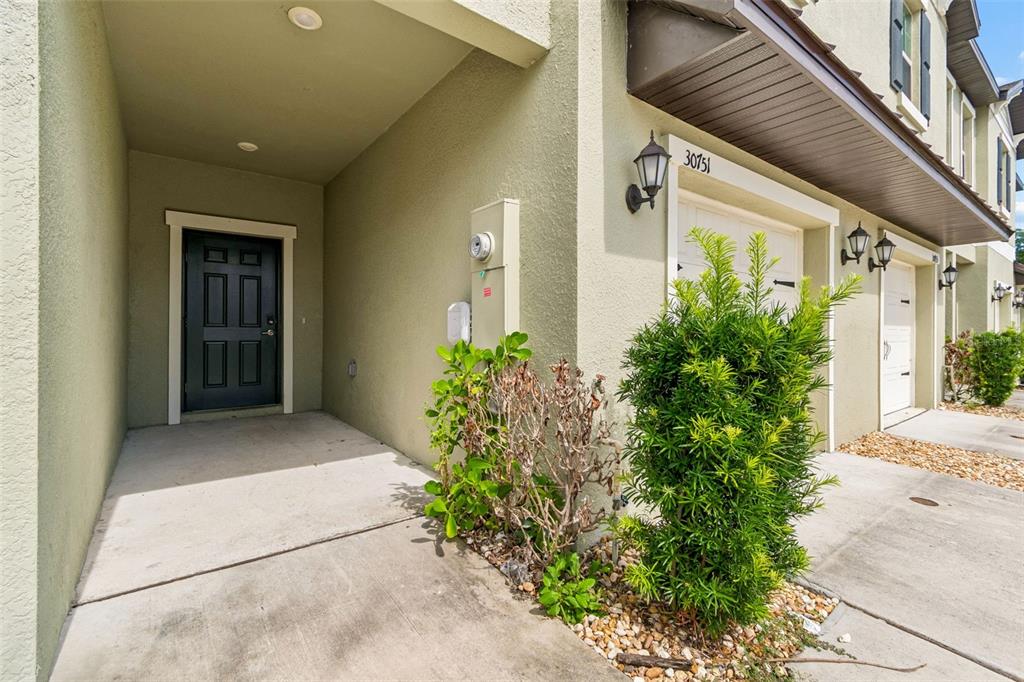 A tan townhouse exterior features a dark front door, a garage, and a small garden — 30751 VERIDIAN WAY, WESLEY CHAPEL, FL