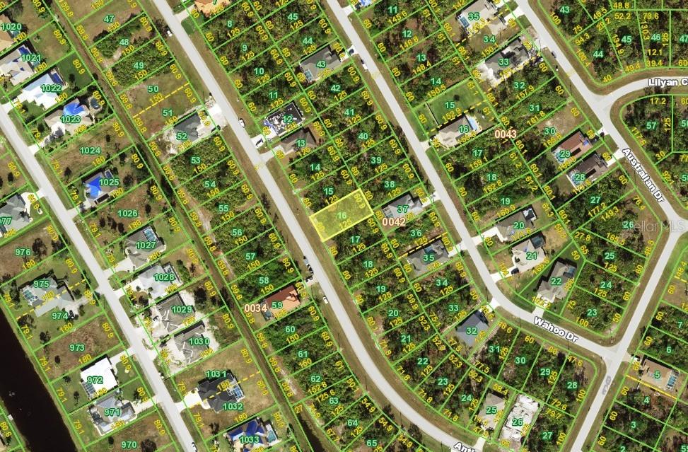 This is an aerial map showing residential lots and street layouts in a suburban neighborhood — 258 ANTIS DRIVE, ROTONDA WEST, FL