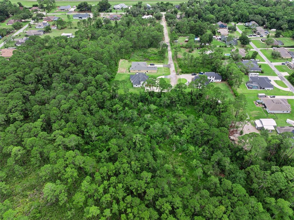 An aerial view shows a wooded lot surrounded by residential houses and a dirt road — 35 FYFE AVENUE, DEBARY, FL