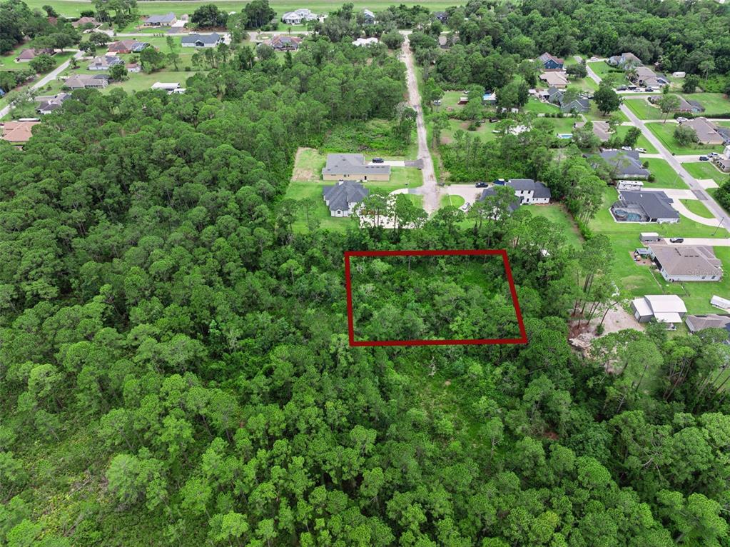 An aerial view shows a rectangular, wooded vacant lot outlined in red within a neighborhood — 35 FYFE AVENUE, DEBARY, FL