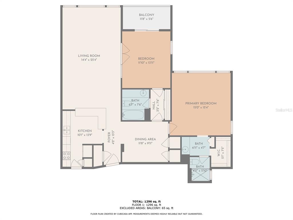 This is a floor plan of a two-bedroom apartment with two bathrooms and a balcony — 7400 SUN ISLAND DRIVE S UNIT 501, SOUTH PASADENA, FL
