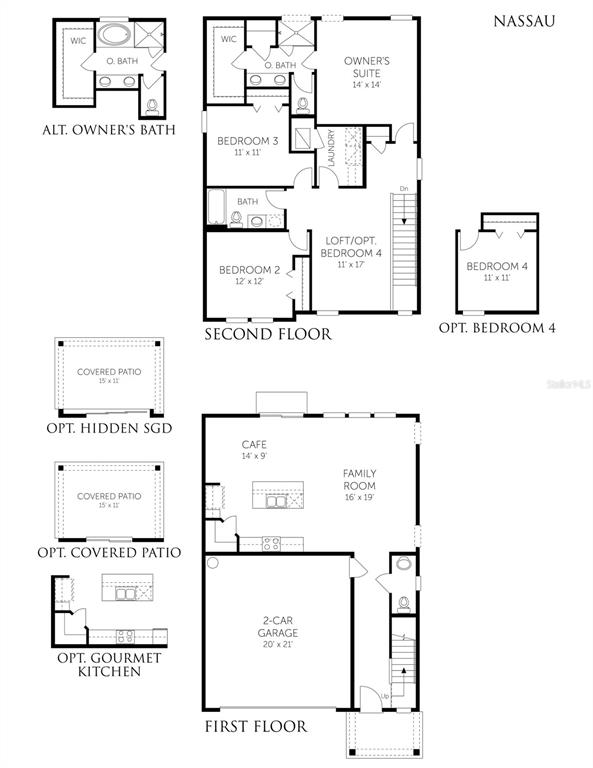 This floor plan shows the first and second levels of a house with optional configurations — 652 FARMFIELD DRIVE, ST AUGUSTINE, FL