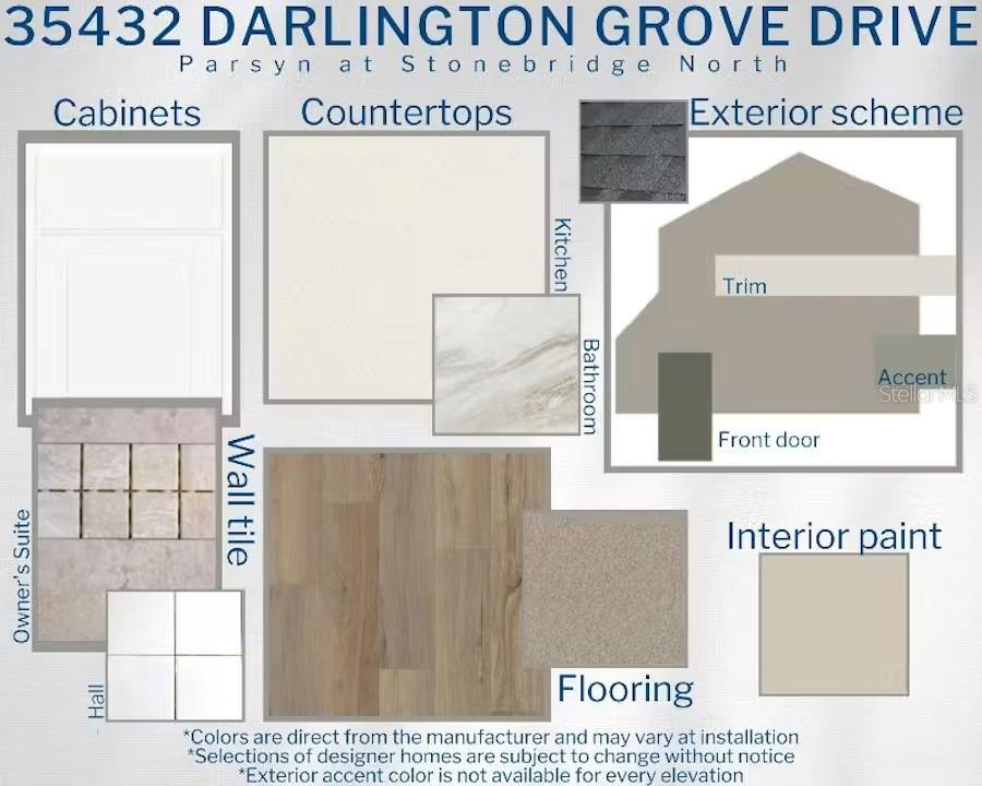 This design board displays material and color samples for home interior finishes and exterior elements — 35432 DARLINGTON GROVE DRIVE, ZEPHYRHILLS, FL